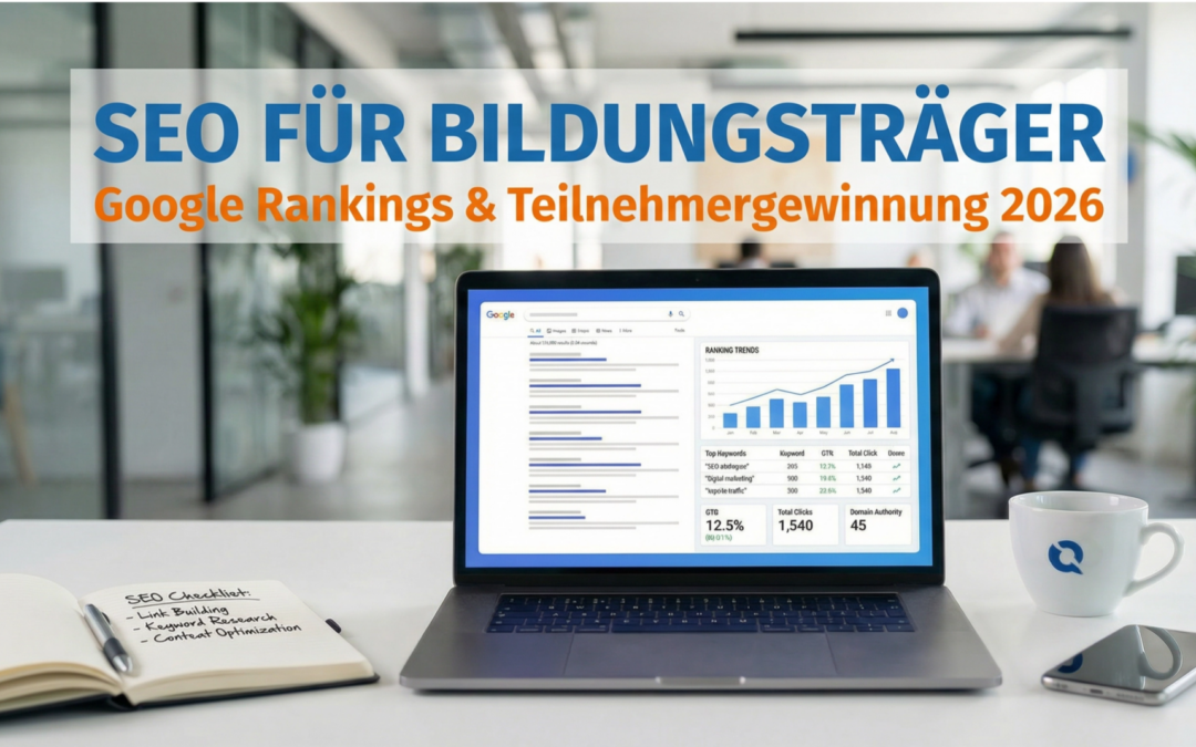 SEO für Bildungsträger - Laptop mit Google-Suchergebnissen und SEO-Analytics-Dashboard zeigt Ranking-Trends, Keywords und Metriken in modernem Büro