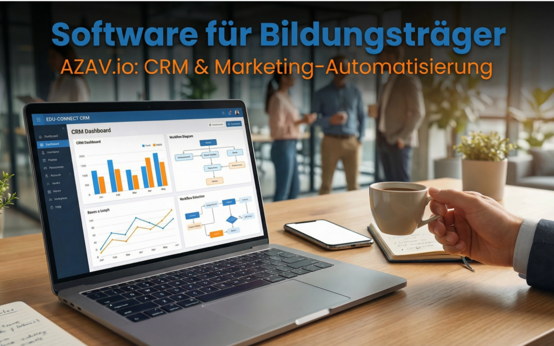 oftware für Bildungsträger: Laptop mit CRM-Dashboard und Marketing-Automatisierung für AZAV.io, zeigt Datenvisualisierungen und Workflow-Diagramme in modernem Büro