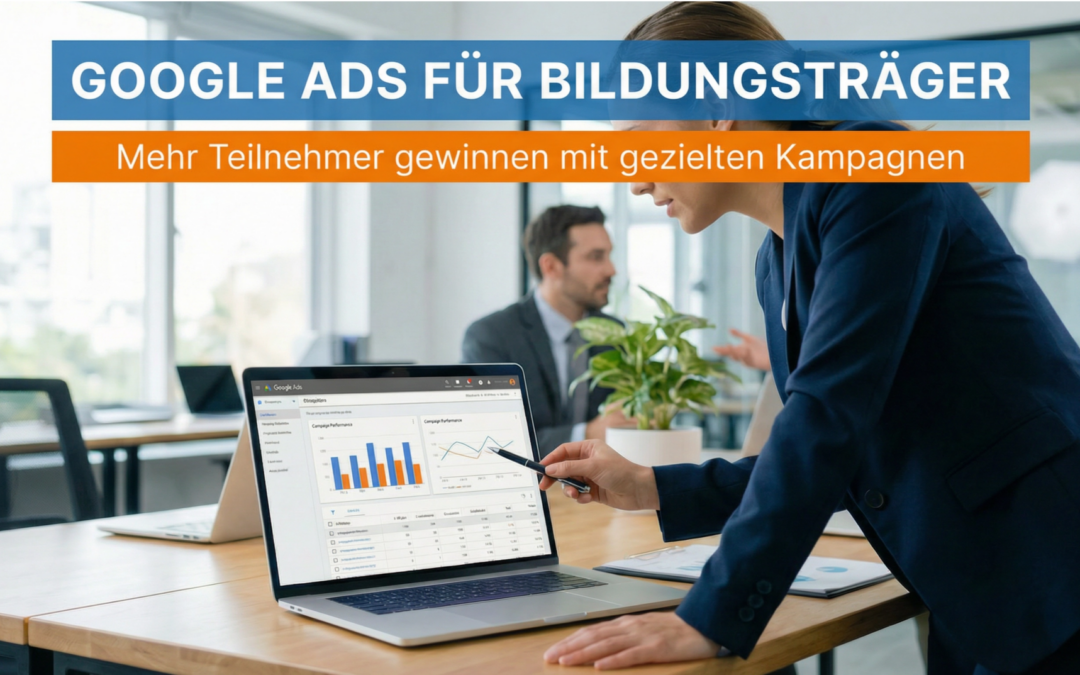 Google Ads für Bildungsträger - Eine Marketing-Expertin analysiert eine Google Ads Kampagne auf einem Laptop in einem modernen Büro.