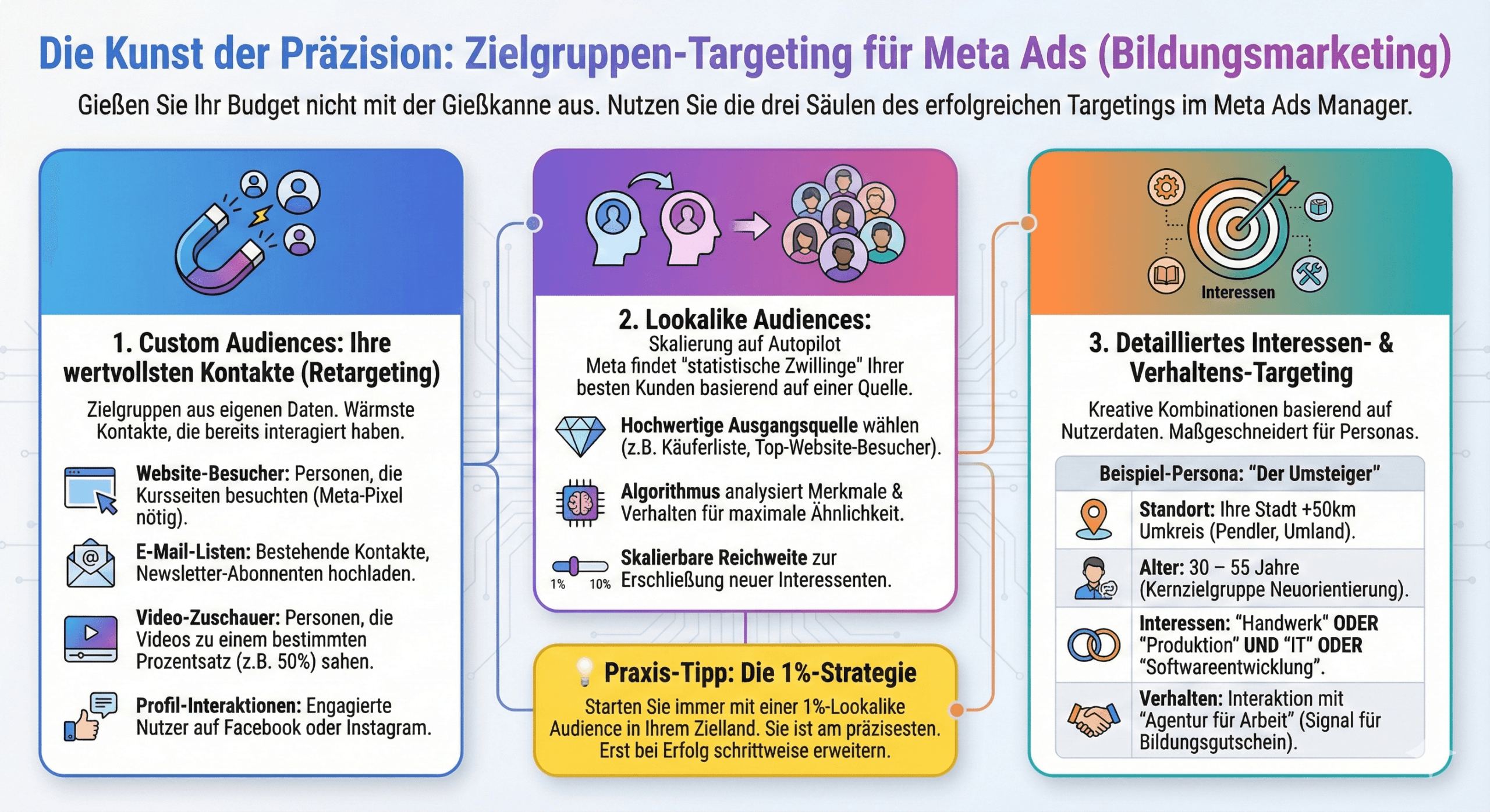 Infografik: Zielgruppen-Targeting für Meta Ads im Bildungsmarketing | azav-wissen.de