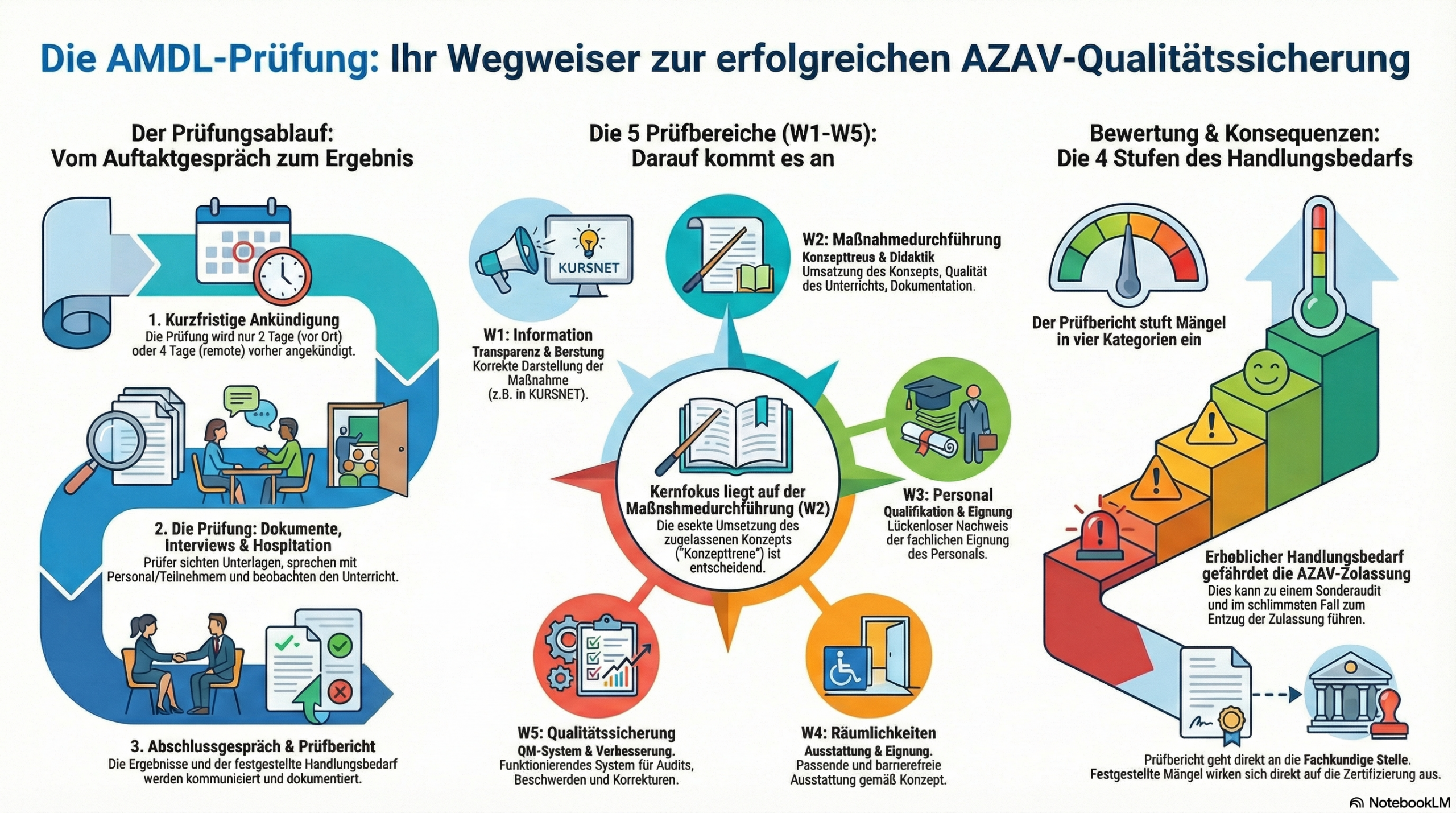 Infografik: Die AMDL-Prüfung - Ihr Wegweiser zur erfolgreichen AZAV-Qualitätssicherung. Zeigt den Prüfungsablauf, die 5 Prüfbereiche (W1-W5) und die 4 Stufen des Handlungsbedarfs.