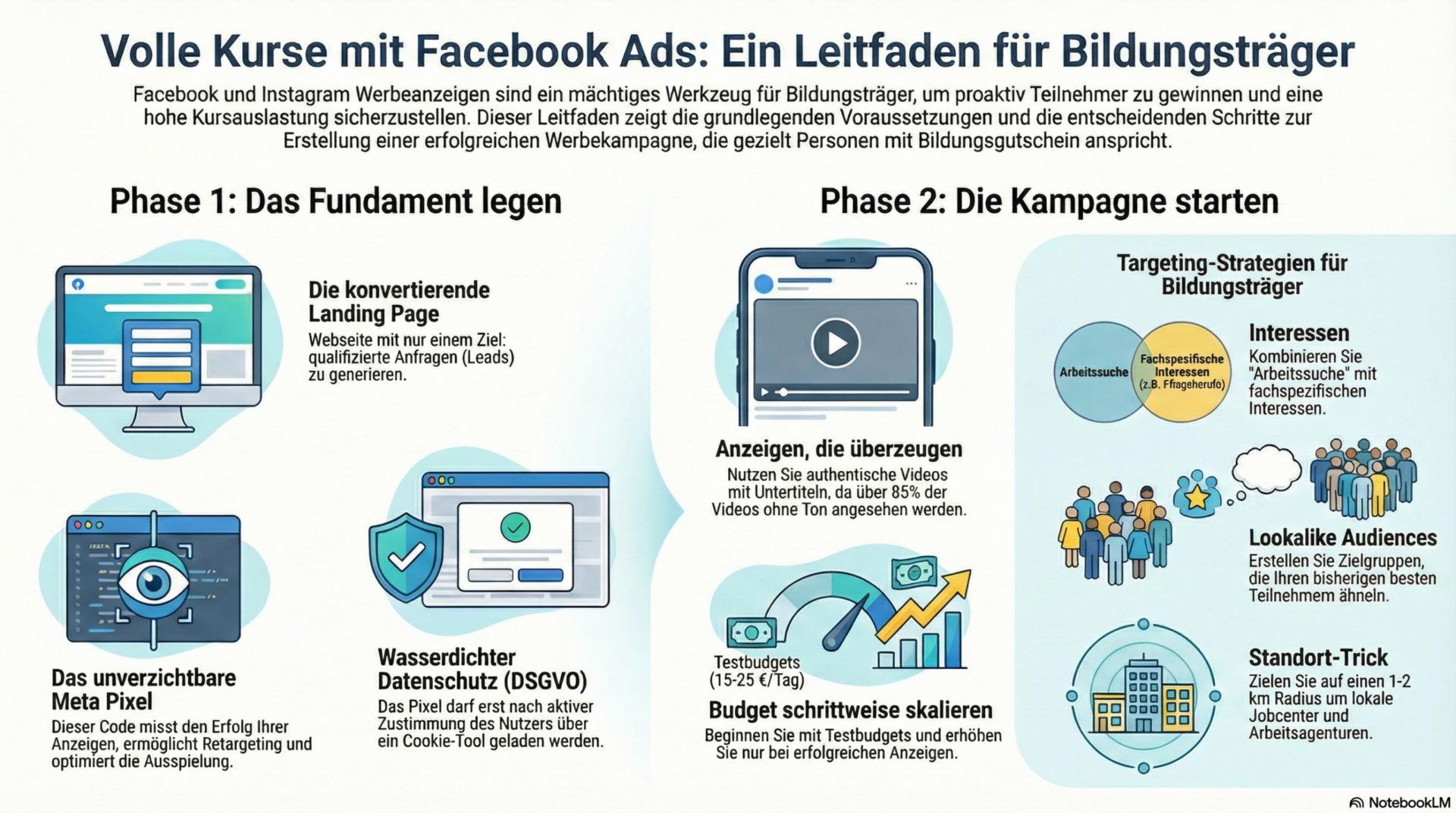 Volle Kurse mit Facebook Ads: Ein Leitfaden für Bildungsträger - Übersicht der Phasen für erfolgreiche Teilnehmergewinnung | azav-wissen.de