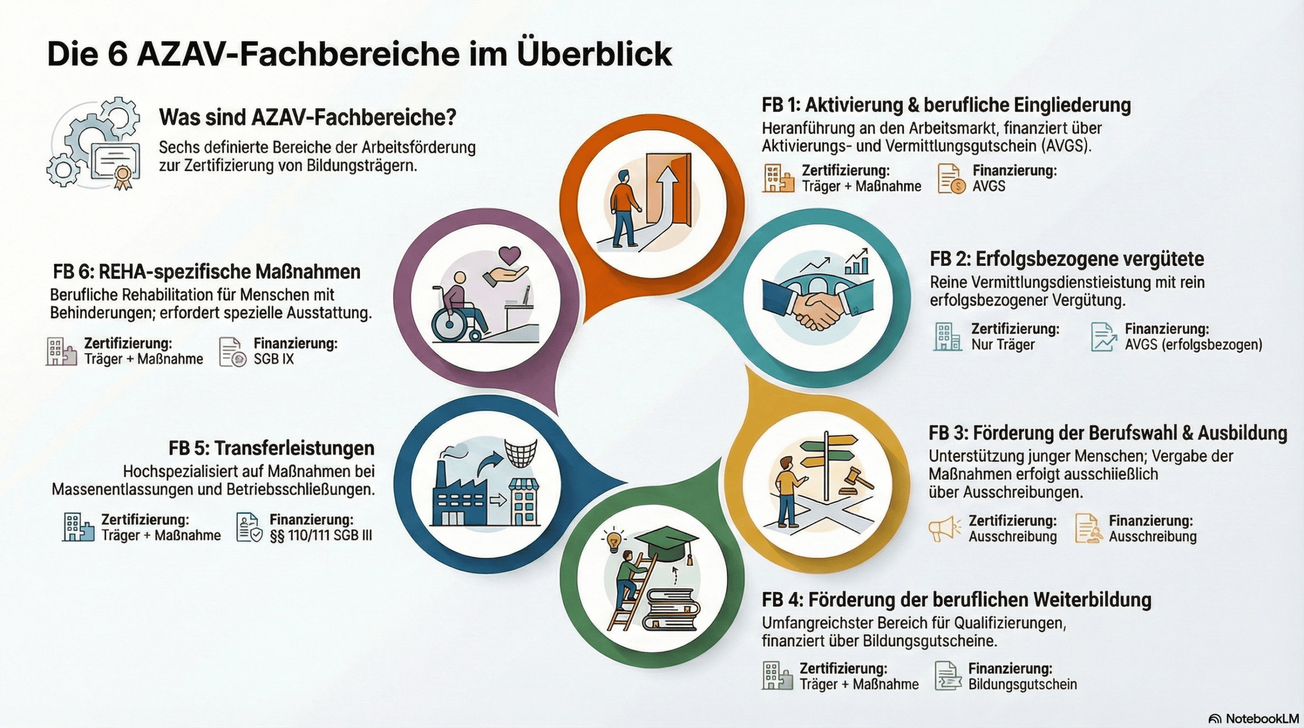 Übersicht der 6 AZAV-Fachbereiche - Infografik für Bildungsträger | azav-wissen.de