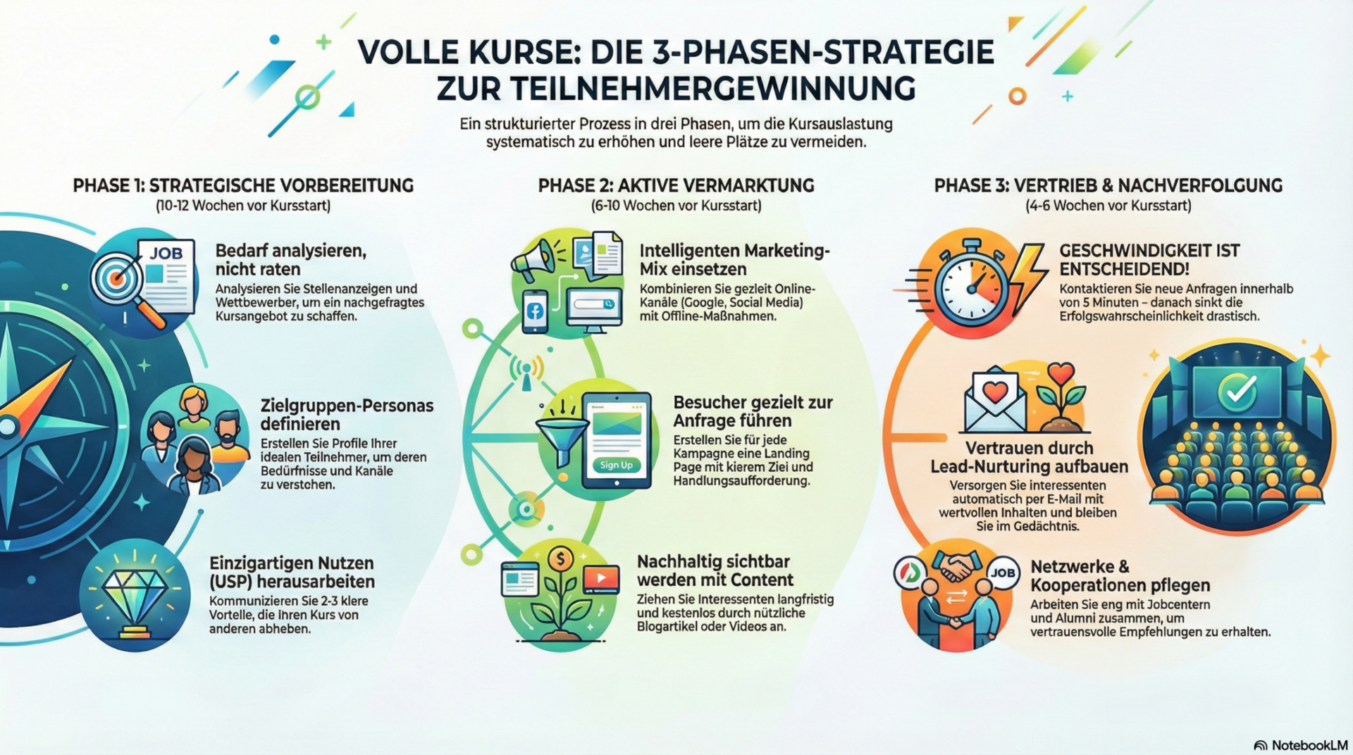 Volle Kurse: Die 3-Phasen-Strategie zur Teilnehmergewinnung - Übersicht der Phasen für eine maximale Kursauslastung | azav-wissen.de