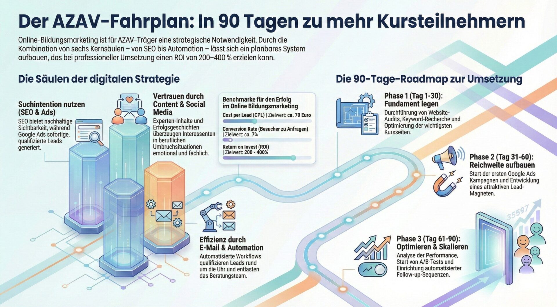 Infografik: Der AZAV-Fahrplan – In 90 Tagen zu mehr Kursteilnehmern mit den 6 Säulen der digitalen Strategie (SEO, Ads, Content, Social Media, E-Mail, Automation) und 3-Phasen-Roadmap für Bildungsträger | azav-wissen.de