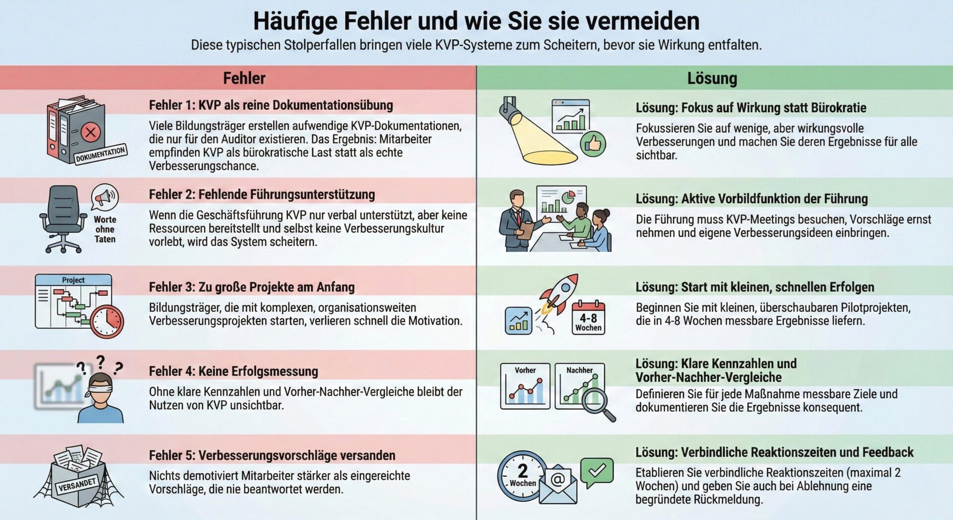 Häufige KVP-Fehler für Bildungsträger und deren Lösungen: 5 typische Stolperfallen von Dokumentationsübung über fehlende Führungsunterstützung bis zu versandeten Vorschlägen mit konkreten Lösungsansätzen