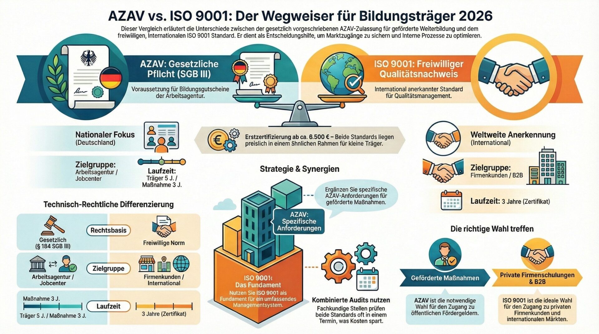 AZAV und ISO 9001 kombinieren: Synergieeffekte, Praxis-Tipps und Schritt-für-Schritt-Vorgehen zur Doppelzertifizierung Infografik: AZAV und ISO 9001 kombinieren – Synergien und Vorgehen in drei Schritten: Gap-Analyse des bestehenden QM-Systems, Ergänzung fehlender AZAV-Spezifika wie Maßnahmenkonzepte und Eingliederungsquoten, Wahl eines Zertifizierungspartners für kombinierte Audits. Empfehlungen von GUTcert, DEKRA und DAkkS zur Doppelzertifizierung mit integriertem Managementsystem | azav-wissen.de