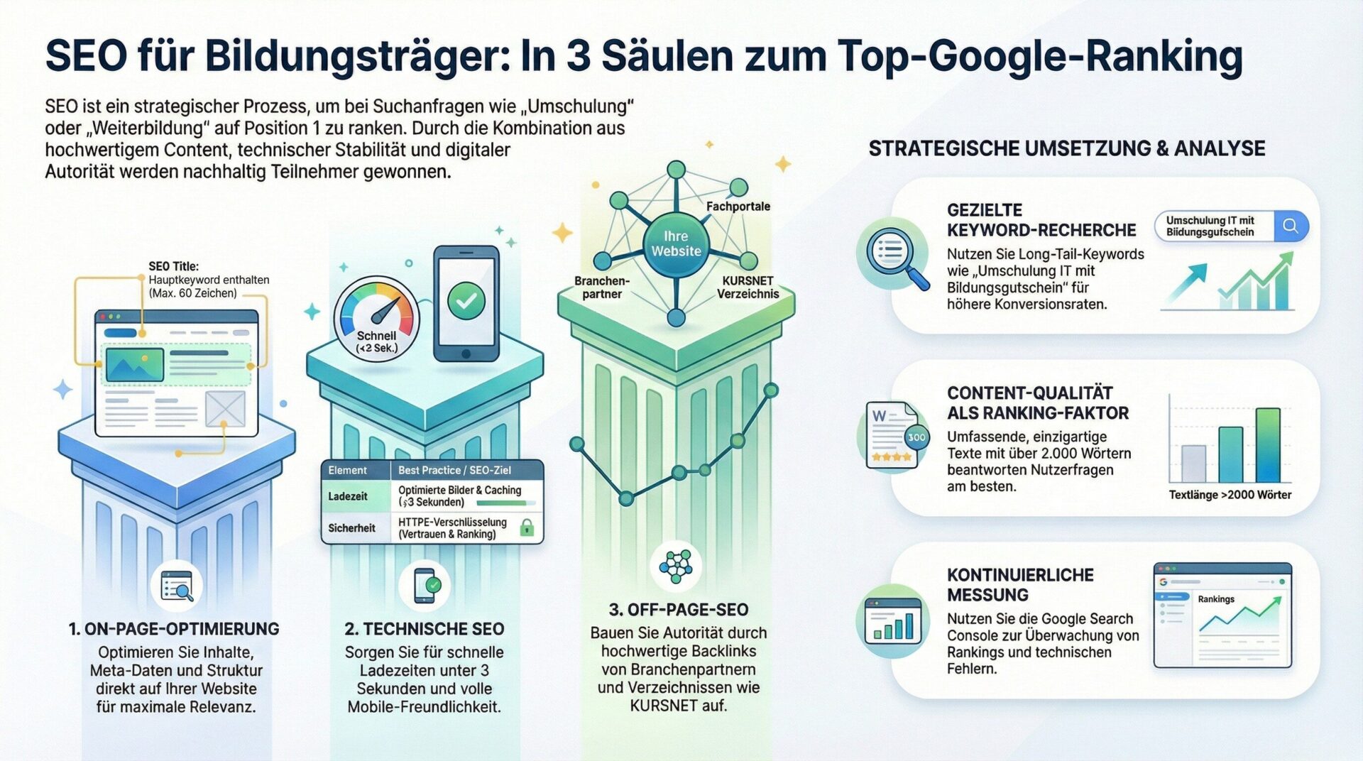 SEO für Bildungsträger in 3 Säulen zum Top-Google-Ranking: On-Page-Optimierung, technische SEO und Off-Page-SEO mit strategischer Umsetzung und Analyse