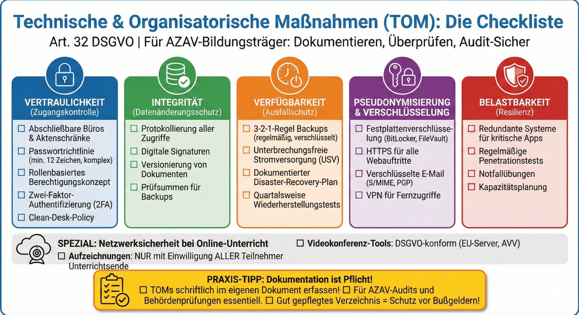 Infografik: Technische und Organisatorische Maßnahmen (TOM) Checkliste nach Art. 32 DSGVO für AZAV-Bildungsträger – 5 Säulen: Vertraulichkeit (Zugangskontrolle, 2FA, Clean-Desk-Policy), Integrität (Protokollierung, digitale Signaturen), Verfügbarkeit (3-2-1-Backups, Disaster-Recovery-Plan), Pseudonymisierung und Verschlüsselung (BitLocker, HTTPS, VPN), Belastbarkeit (Penetrationstests, Notfallübungen) sowie Netzwerksicherheit bei Online-Unterricht | azav-wissen.de