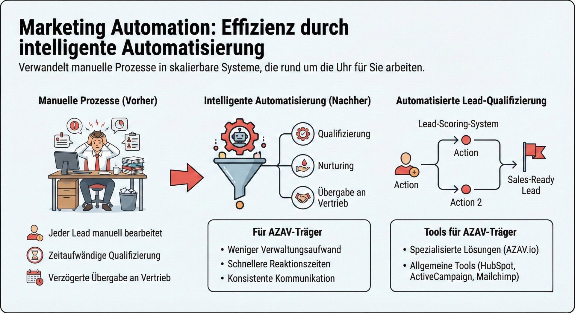Infografik: Marketing Automation für AZAV-Bildungsträger – Von manuellen Prozessen zur intelligenten Automatisierung mit Lead-Scoring, Nurturing und automatisierter Vertriebübergabe | azav-wissen.de