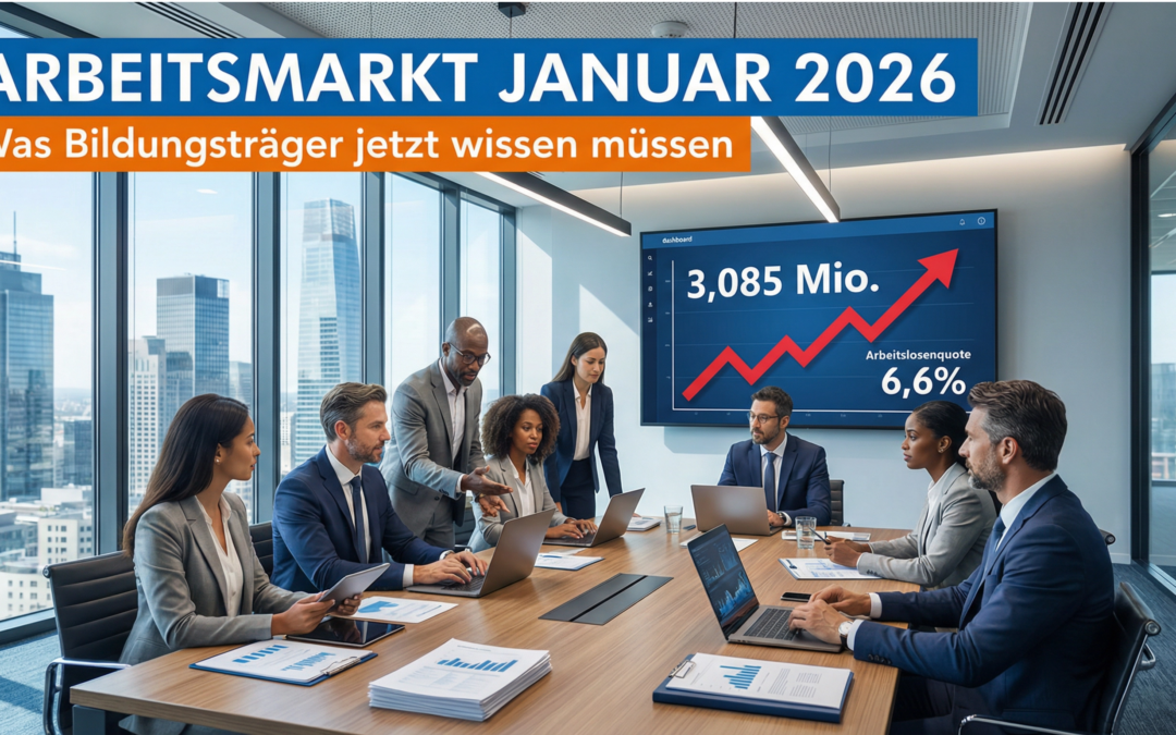 Arbeitsmarkt Januar 2026: Professionelles Team analysiert Arbeitslosenzahlen und Strategien für Bildungsträger
