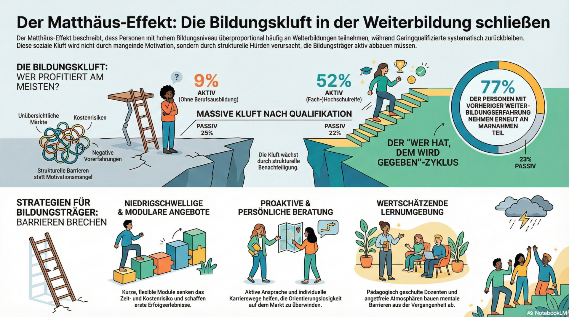Infografik zum Matthäus-Effekt in der Weiterbildung: Die Bildungskluft schließen - zeigt Barrieren, Statistiken und Strategien für Bildungsträger