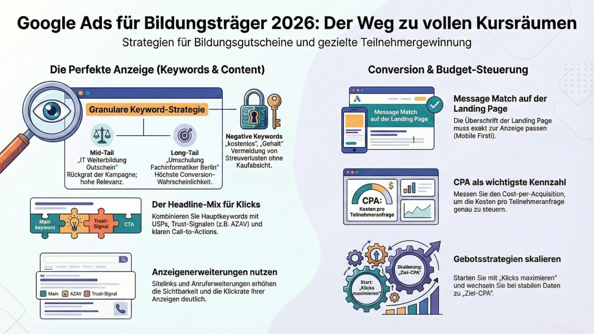 Google Ads für Bildungsträger 2026 - Strategien für Bildungsgutscheine und gezielte Teilnehmergewinnung: Die perfekte Anzeige mit Keywords und Content, Headline-Mix für Klicks, Anzeigenerweiterungen, Conversion und Budget-Steuerung mit Message Match, CPA und Gebotsstrategien