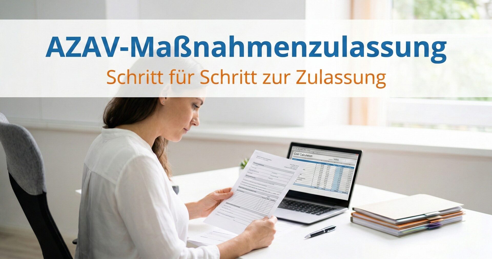 AZAV-Maßnahmenzulassung: Bildungsträger-Mitarbeiterin prüft Maßnahmenkonzept und Kostenkalkulation für den Zulassungsantrag