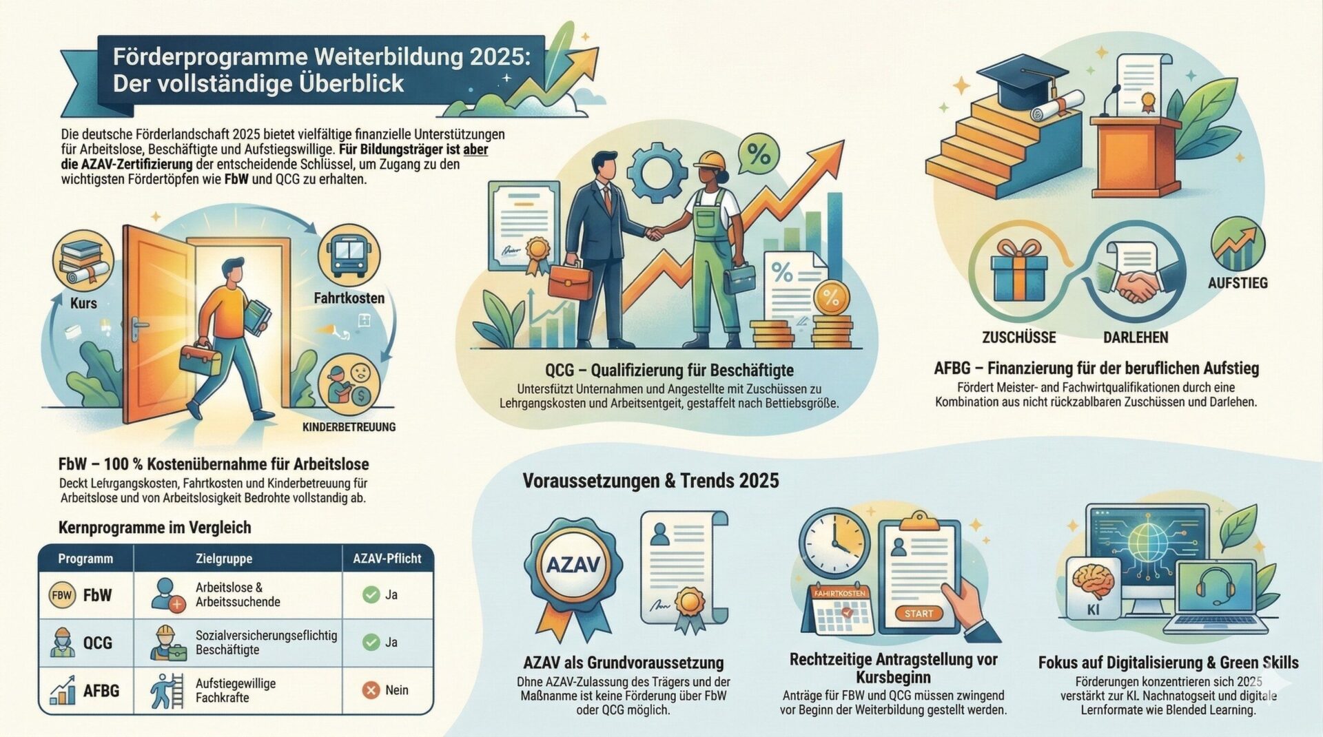 Förderprogramme Weiterbildung 2025: Überblick FbW, QCG und AfBG Infografik: Förderprogramme Weiterbildung 2025 im Überblick – FbW, QCG und AfBG mit Zielgruppen, AZAV-Pflicht, Kostenübernahme und Trends