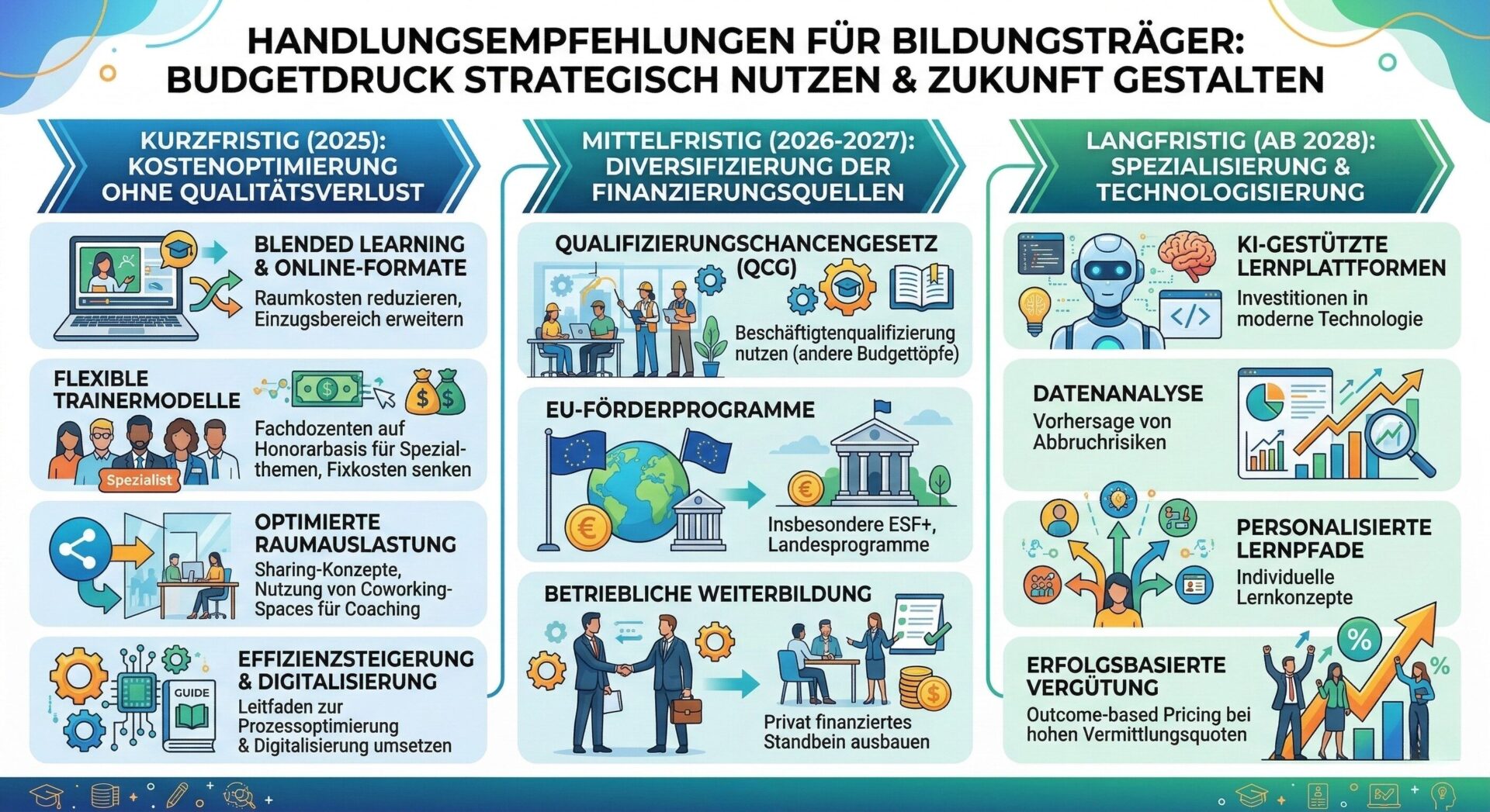 Handlungsempfehlungen für Bildungsträger: Budgetdruck strategisch nutzen Infografik: Handlungsempfehlungen für Bildungsträger – kurzfristige Kostenoptimierung, mittelfristige Diversifizierung und langfristige Spezialisierung unter Budgetdruck
