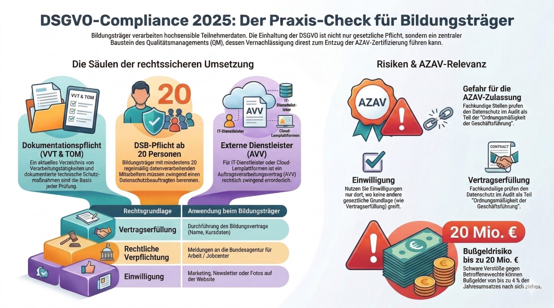 DSGVO-Compliance 2025: Der Praxis-Check für Bildungsträger Infografik: DSGVO-Compliance 2025 für Bildungsträger – Dokumentationspflicht, DSB-Pflicht ab 20 Personen, AVV für externe Dienstleister, Rechtsgrundlagen, Bußgeldrisiko und AZAV-Relevanz