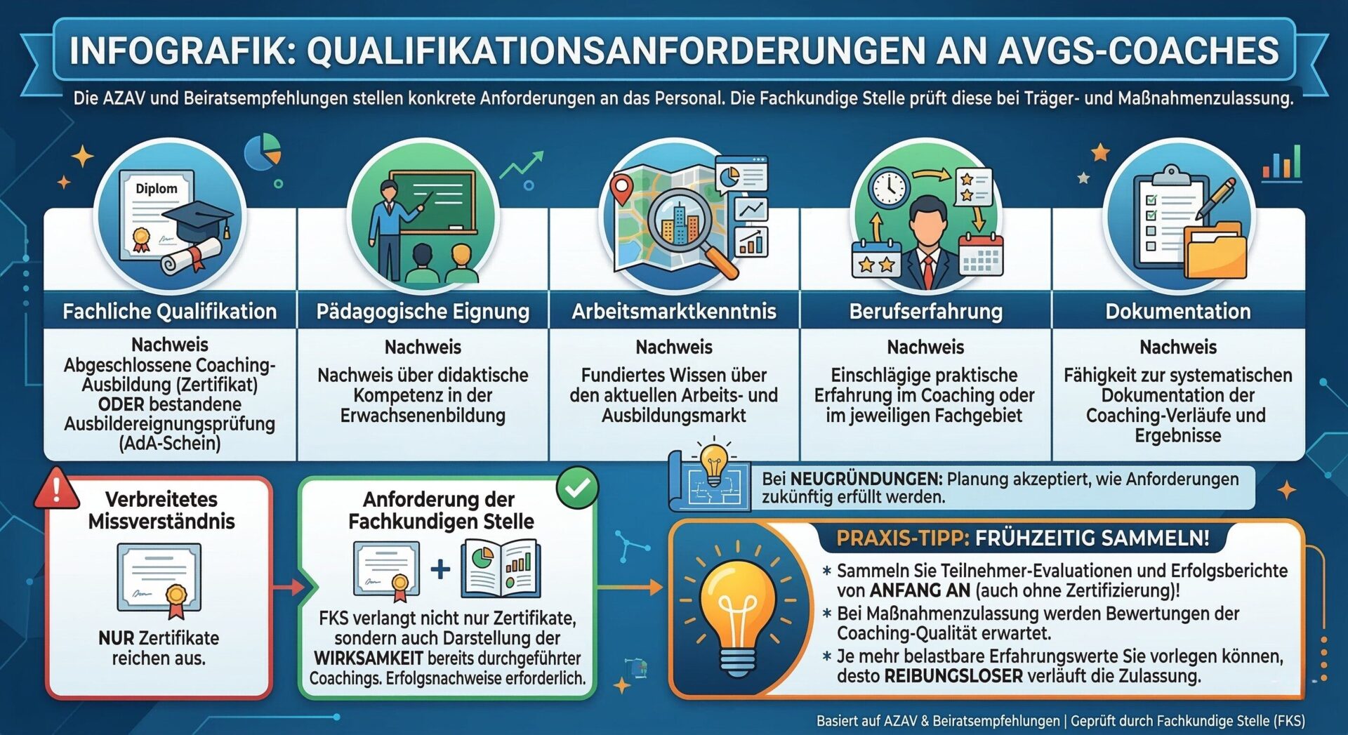 Qualifikationsanforderungen an AVGS-Coaches: Was die Fachkundige Stelle prüft Infografik – Qualifikationsanforderungen an AVGS-Coaches: Fachliche Qualifikation, Pädagogische Eignung, Arbeitsmarktkenntnis, Berufserfahrung und Dokumentation