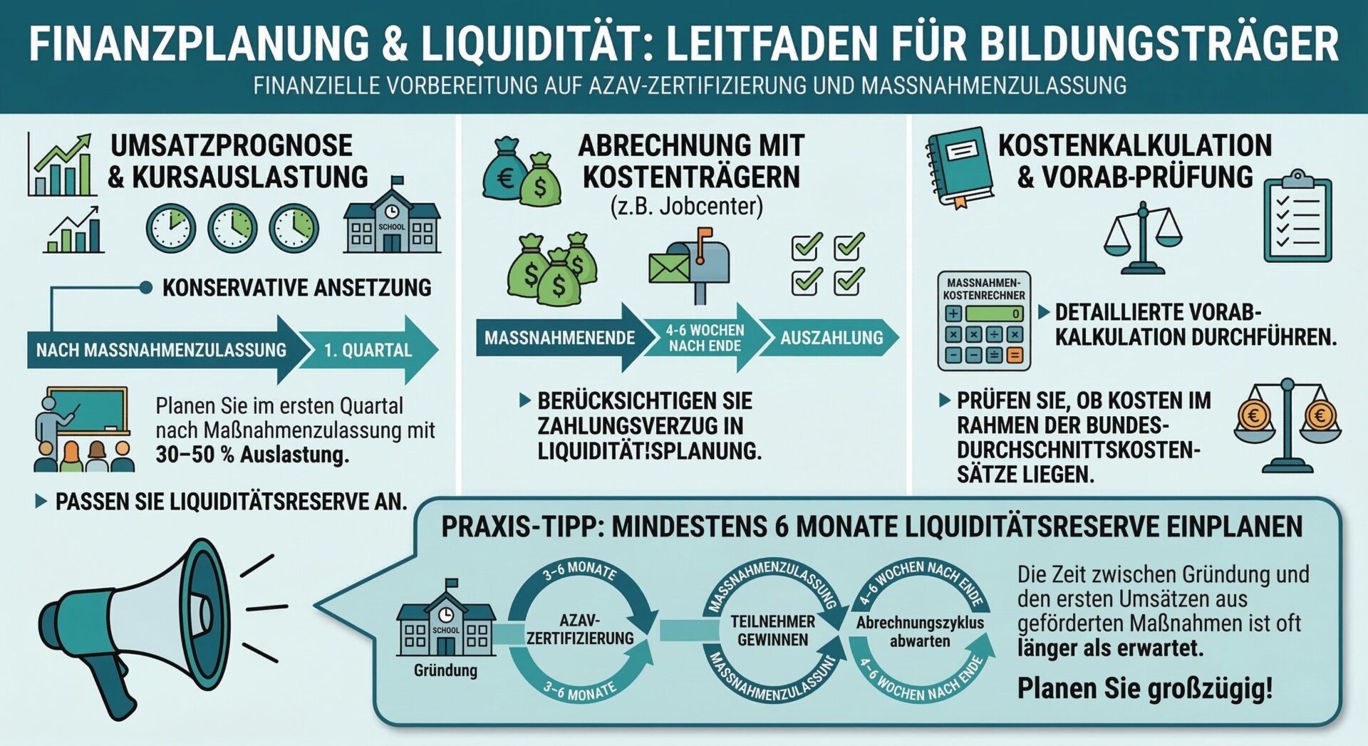 Finanzplanung für Bildungsträger: Umsatzprognose, Abrechnung und Kostenkalkulation Infografik – Finanzplanung und Liquidität für Bildungsträger: Umsatzprognose mit 30–50 Prozent Auslastung im ersten Quartal, Abrechnungszyklus mit Kostenträgern und Vorab-Kalkulation mit dem Maßnahmen-Kostenrechner
