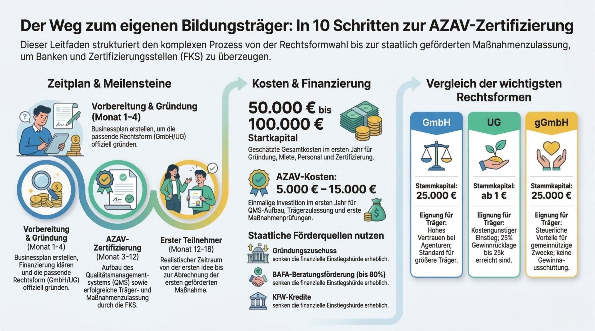 Businessplan Bildungsträger: Gründungsfahrplan mit Zeitplan, Kosten und Rechtsformvergleich Infografik – Der Weg zum eigenen Bildungsträger: Zeitplan und Meilensteine, Kosten und Finanzierung, Vergleich der Rechtsformen GmbH, UG und gGmbH