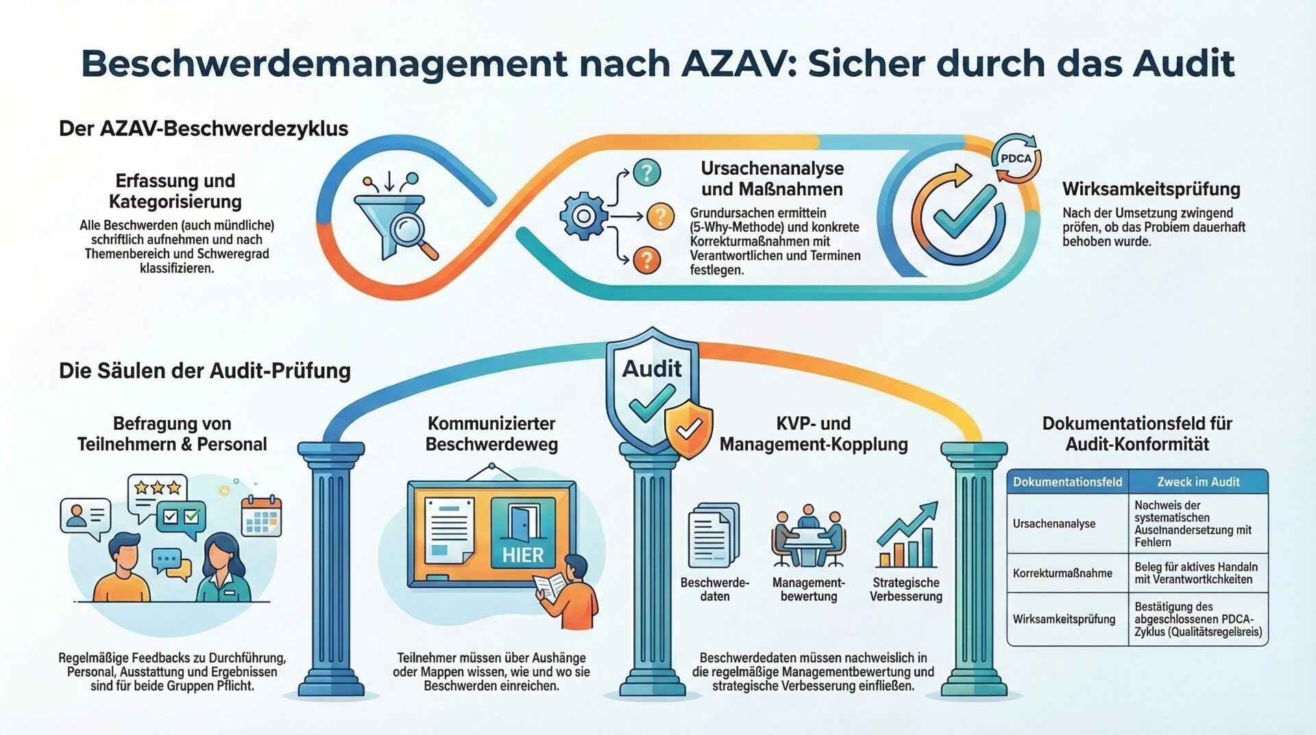 AZAV-Beschwerdemanagement: Beschwerdezyklus und Audit-Prüfsäulen Infografik – Beschwerdemanagement nach AZAV: Oben der Beschwerdezyklus in drei Schritten (Erfassung und Kategorisierung, Ursachenanalyse und Maßnahmen, Wirksamkeitsprüfung mit PDCA-Bezug). Unten die vier Säulen der Audit-Prüfung: Befragung von Teilnehmern und Personal, kommunizierter Beschwerdeweg, KVP- und Management-Kopplung, Dokumentationsfeld für Audit-Konformität.