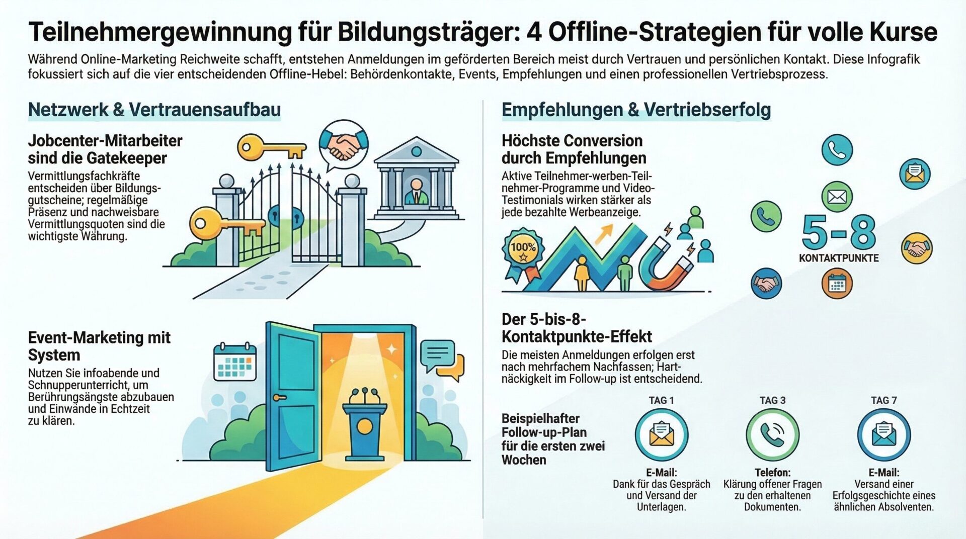 Teilnehmerakquise für Bildungsträger: Die 4 Offline-Strategien im Überblick Infografik – Teilnehmergewinnung für Bildungsträger: 4 Offline-Strategien. Links Netzwerk und Vertrauensaufbau: Jobcenter-Mitarbeiter als Gatekeeper (Vermittlungsfachkräfte entscheiden über Bildungsgutscheine, regelmäßige Präsenz und nachweisbare Vermittlungsquoten sind entscheidend) und Event-Marketing mit System (Infoabende und Schnupperunterricht zum Abbau von Berührungsängsten). Rechts Empfehlungen und Vertriebserfolg: Höchste Conversion durch Empfehlungen (Teilnehmer-werben-Teilnehmer-Programme und Video-Testimonials) und der 5-bis-8-Kontaktpunkte-Effekt mit beispielhaftem Follow-up-Plan (Tag 1 E-Mail, Tag 3 Telefon, Tag 7 E-Mail).