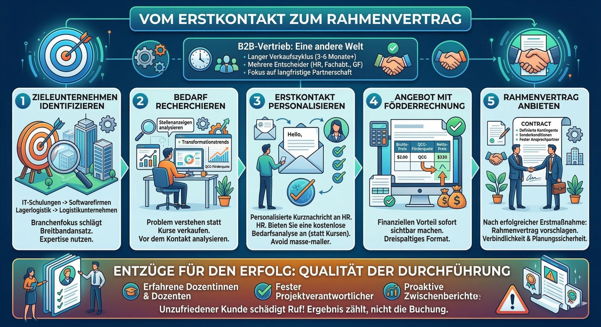 B2B-Vertrieb für Bildungsträger: 5-Schritt-Prozess vom Erstkontakt zum Rahmenvertrag Infografik – Vom Erstkontakt zum Rahmenvertrag in 5 Schritten: 1. Zielunternehmen identifizieren (Branchenfokus statt Breitbandansatz, Expertise nutzen), 2. Bedarf recherchieren (Stellenanzeigen analysieren, Transformationstrends und QCG-Förderquote prüfen), 3. Erstkontakt personalisieren (personalisierte Kurznachricht an HR, kostenlose Bedarfsanalyse anbieten), 4. Angebot mit Förderrechnung (dreispaltiges Format: Brutto-Preis, QCG-Förderquote, Netto-Preis), 5. Rahmenvertrag anbieten (definierte Kontingente, Sonderkonditionen, fester Ansprechpartner). Unten: Qualität der Durchführung als Erfolgsfaktor — erfahrene Dozenten, fester Projektverantwortlicher, proaktive Zwischenberichte.