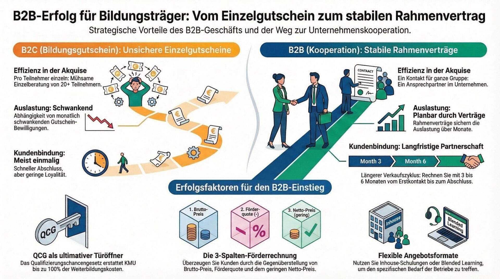 B2B vs. B2C für Bildungsträger: Strategische Vorteile und Erfolgsfaktoren Infografik – B2B-Erfolg für Bildungsträger: Vom Einzelgutschein zum stabilen Rahmenvertrag. Links B2C (Bildungsgutschein) mit unsicherer Einzelakquise, schwankender Auslastung und meist einmaliger Kundenbindung. Rechts B2B (Kooperation) mit effizienter Akquise über einen Ansprechpartner, planbarer Auslastung durch Rahmenverträge und langfristiger Partnerschaft (3–6 Monate Verkaufszyklus). Unten drei Erfolgsfaktoren: QCG als Türöffner (bis zu 100 % Kostenerstattung für KMU), die 3-Spalten-Förderrechnung (Brutto-Preis, Förderquote, Netto-Preis) und flexible Angebotsformate (Inhouse, Blended Learning).