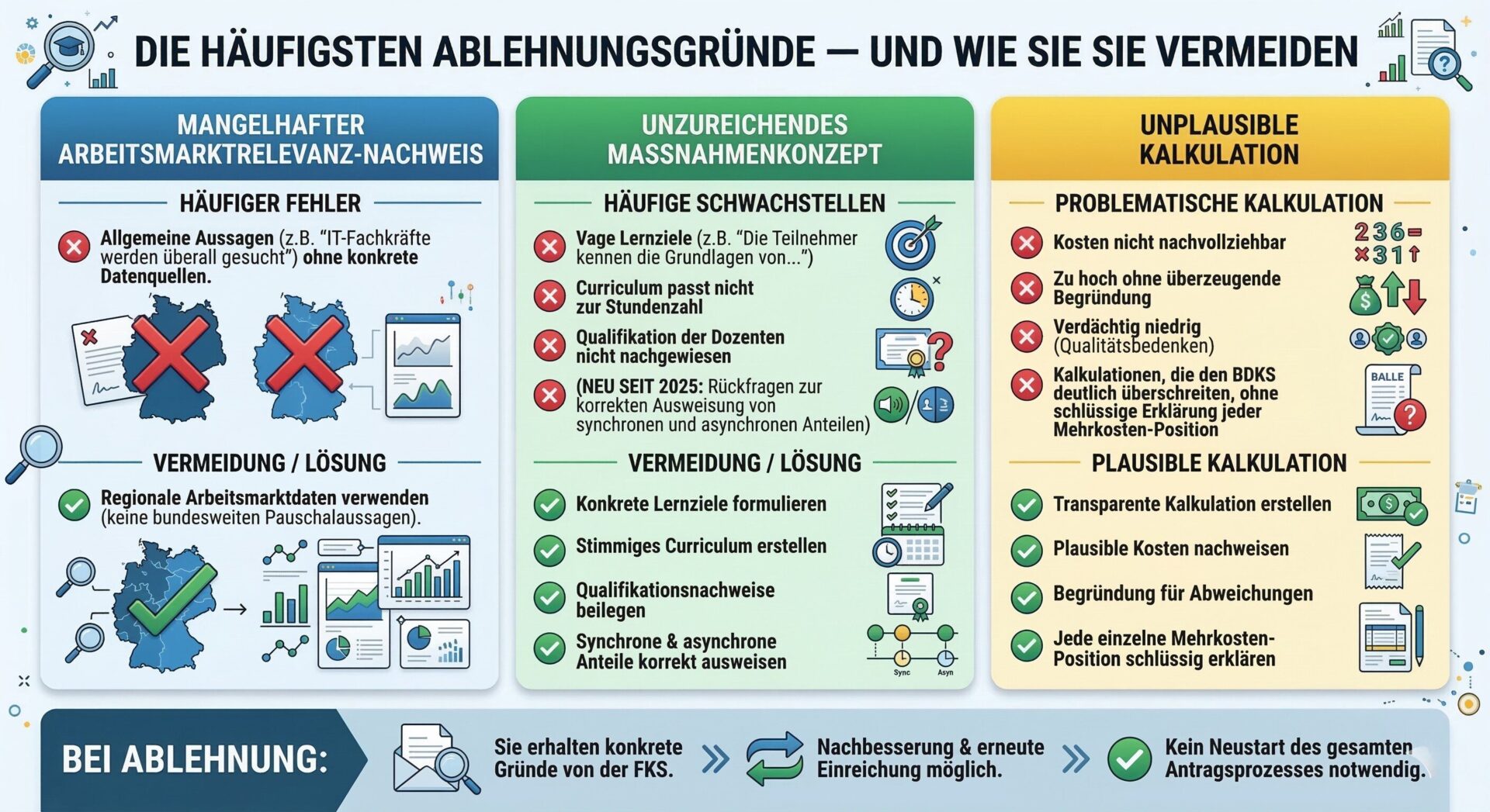 AZAV-Maßnahmenzulassung: Häufige Ablehnungsgründe und Vermeidungsstrategien Infografik – Die drei häufigsten Ablehnungsgründe bei der AZAV-Maßnahmenzulassung: mangelhafter Arbeitsmarktrelevanz-Nachweis, unzureichendes Maßnahmenkonzept und unplausible Kalkulation, jeweils mit häufigen Fehlern und konkreten Lösungsstrategien