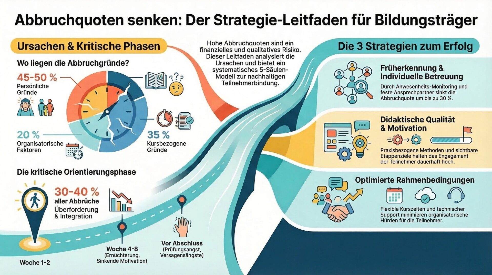 Abbruchquoten senken: Ursachen, kritische Phasen und Strategien für Bildungsträger Infografik – Abbruchquoten senken: Der Strategie-Leitfaden für Bildungsträger. Links Ursachen und kritische Phasen: Kreisdiagramm der Abbruchgründe (45–50 % persönliche Gründe, 35 % kursbezogene Gründe, 20 % organisatorische Faktoren). Darunter die kritische Orientierungsphase (Woche 1–2, 30–40 % aller Abbrüche durch Überforderung und mangelnde Integration), Woche 4–8 (Ernüchterung, sinkende Motivation) und vor Abschluss (Prüfungsangst, Versagensängste). Rechts die 3 Strategien zum Erfolg: Früherkennung und individuelle Betreuung (Anwesenheits-Monitoring, feste Ansprechpartner), Didaktische Qualität und Motivation (praxisbezogene Methoden, sichtbare Etappenziele) und Optimierte Rahmenbedingungen (flexible Kurszeiten, technischer Support).