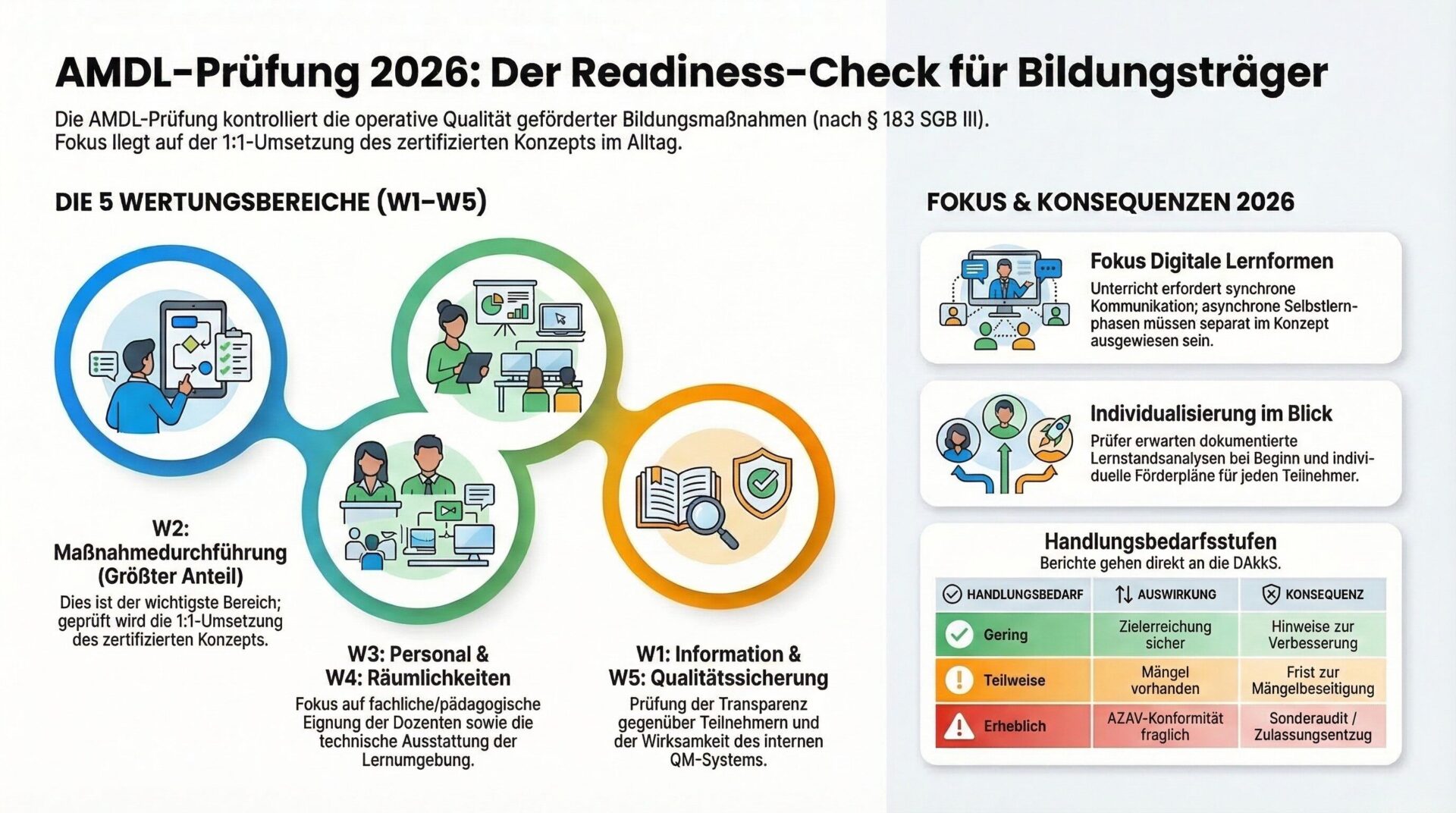 AMDL-Prüfung 2026: Wertungsbereiche W1–W5, Prüfschwerpunkte und Handlungsbedarfsstufen Infografik – AMDL-Prüfung 2026 Readiness-Check: Links die fünf Wertungsbereiche W1 bis W5 mit W2 Maßnahmedurchführung als größtem Anteil, rechts die Prüfschwerpunkte 2026 (Digitale Lernformen, Individualisierung) und die drei Handlungsbedarfsstufen gering, teilweise und erheblich mit ihren Konsequenzen