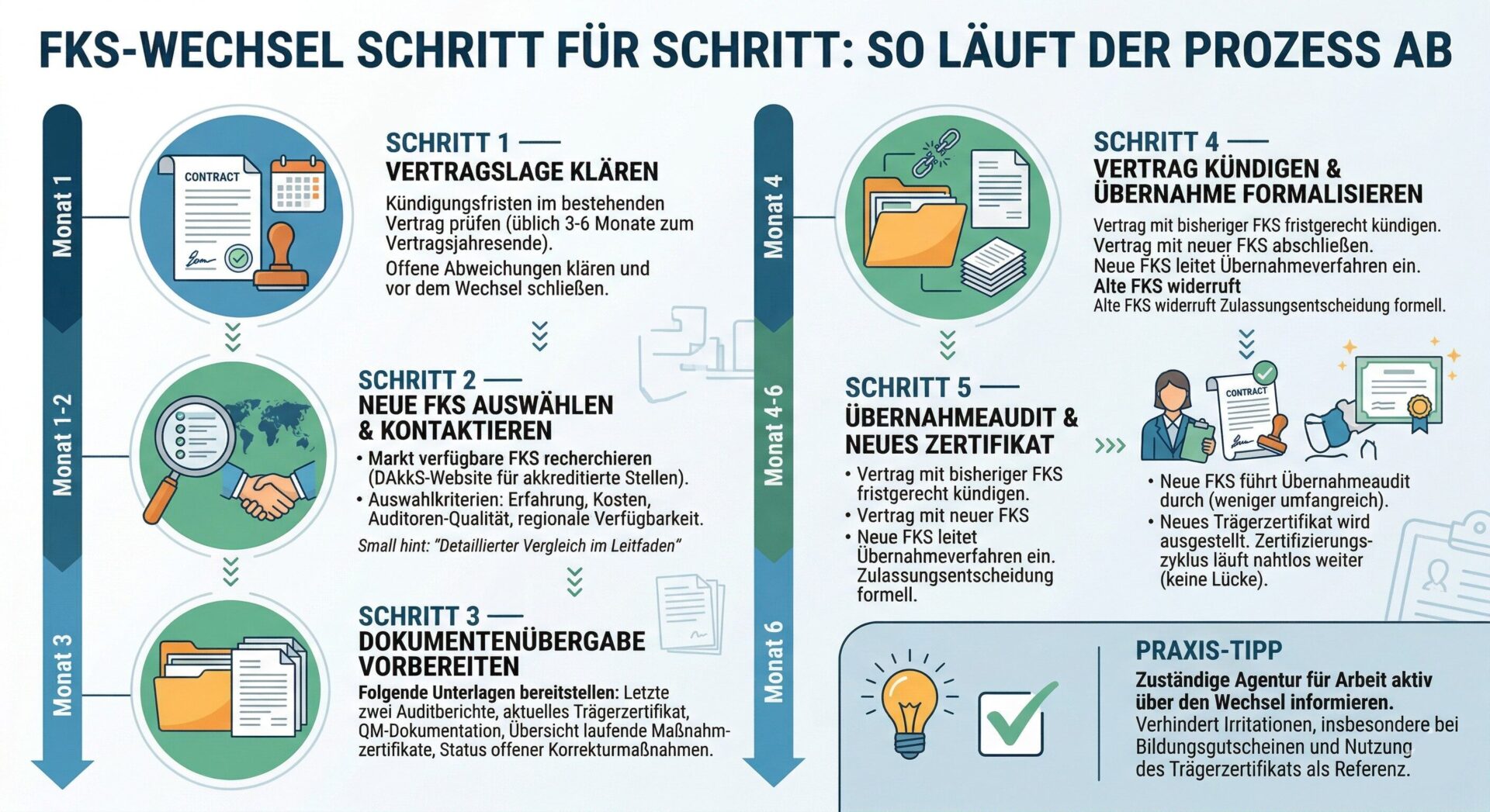 FKS-Wechsel in 5 Schritten: Ablauf und Zeitplan Infografik – FKS-Wechsel Schritt für Schritt: Fünf Schritte von Vertragslage klären über neue FKS auswählen, Dokumentenübergabe vorbereiten, Vertrag kündigen bis Übernahmeaudit und neues Zertifikat, Zeitplan Monat 1 bis 6