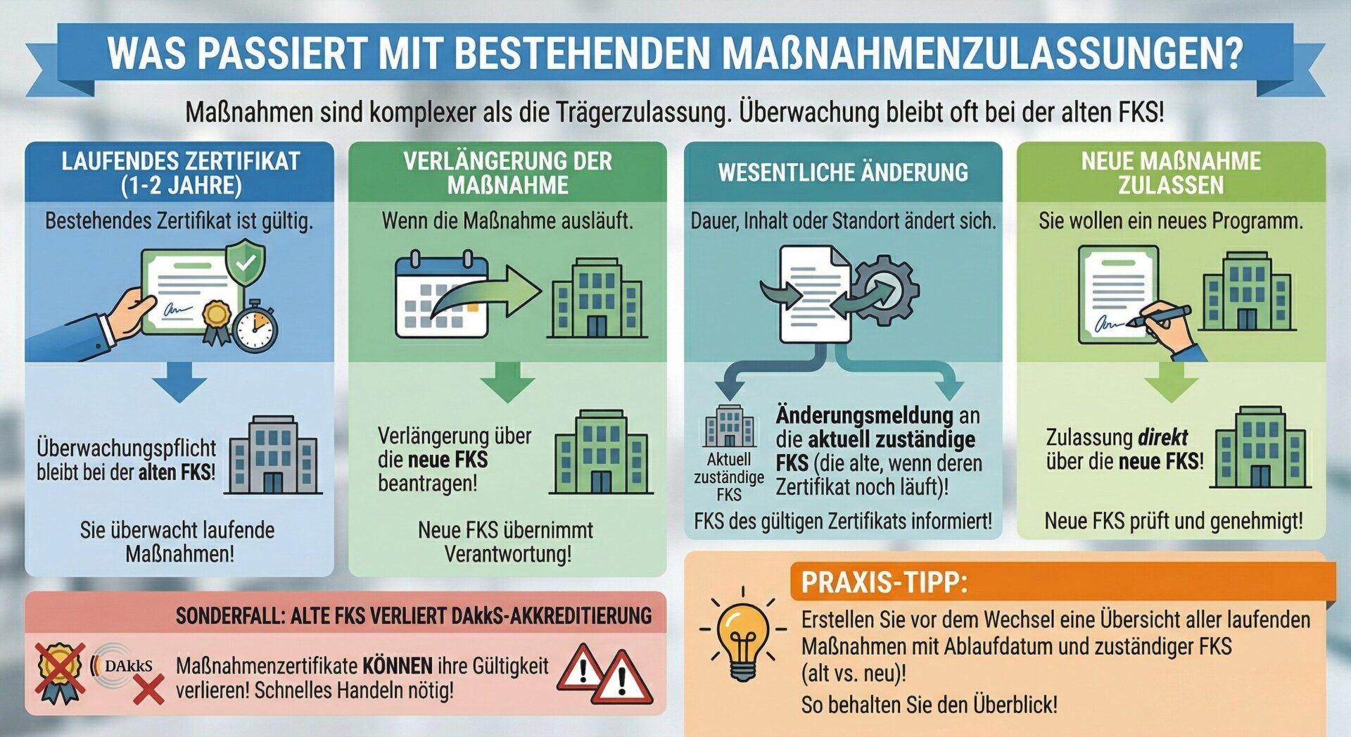 Maßnahmenzulassungen beim FKS-Wechsel: Vier Szenarien im Überblick Infografik – Was passiert mit bestehenden Maßnahmenzulassungen beim FKS-Wechsel: Vier Szenarien von laufendem Zertifikat über Verlängerung und wesentliche Änderung bis Neuzulassung, plus Sonderfall DAkkS-Akkreditierungsverlust