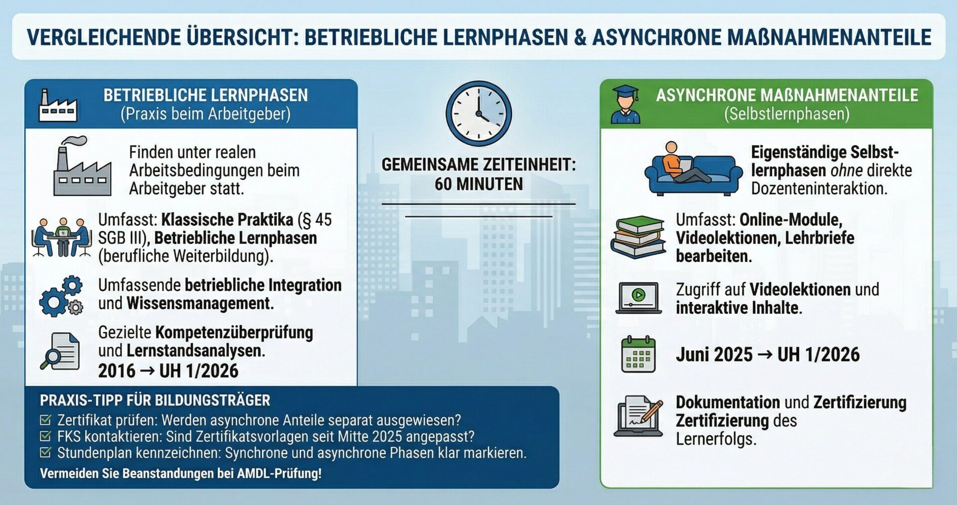Betriebliche Lernphasen vs. asynchrone Maßnahmenanteile im Vergleich Infografik – Vergleichende Übersicht betriebliche Lernphasen und asynchrone Maßnahmenanteile: Beide mit 60-Minuten-Zeiteinheit, links betriebliche Praxis beim Arbeitgeber (seit 2016), rechts eigenständige Selbstlernphasen ohne Dozenteninteraktion (seit Juni 2025), mit Praxis-Tipps zu Zertifikat, FKS-Kontakt und Stundenplan