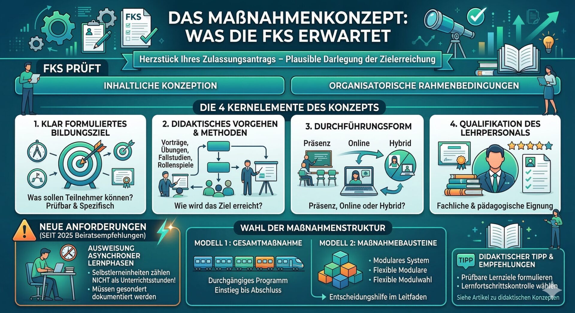 Maßnahmenkonzept nach AZAV: Die vier Kernelemente und neue Anforderungen Infografik – Die vier Kernelemente des Maßnahmenkonzepts: Bildungsziel, didaktisches Vorgehen, Durchführungsform (Präsenz/Online/Hybrid) und Qualifikation des Lehrpersonals, plus neue Anforderungen seit 2025 zur Ausweisung asynchroner Lernphasen