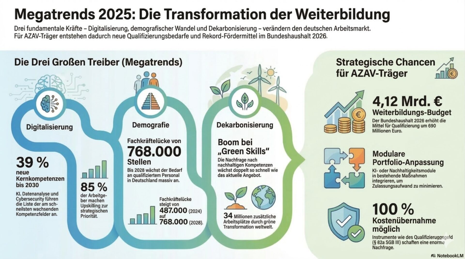 Megatrends Weiterbildung: Drei Treiber und strategische Chancen für AZAV-Träger Infografik – Die drei Megatrends Digitalisierung, Demografie und Dekarbonisierung mit Kennzahlen: 39 % neue Kernkompetenzen bis 2030, Fachkräftelücke von 768.000 Stellen bis 2028, Green-Skills-Nachfrage wächst doppelt so schnell wie das Angebot. Rechts: Strategische Chancen für AZAV-Träger mit 4,12 Mrd. Euro Weiterbildungsbudget 2026, modularer Portfolio-Anpassung und bis zu 100 % Kostenübernahme.