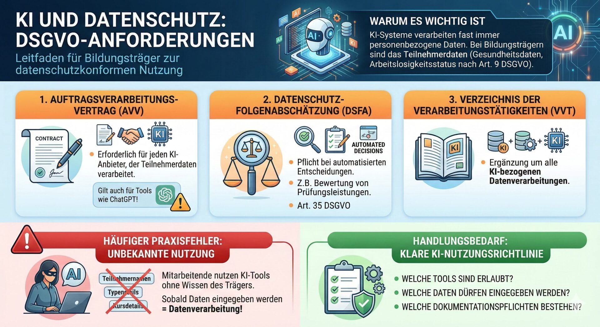 KI und Datenschutz: DSGVO-Anforderungen für Bildungsträger Infografik: KI und Datenschutz – DSGVO-Anforderungen für Bildungsträger mit den drei Säulen AVV, DSFA und VVT, häufiger Praxisfehler unbekannte KI-Nutzung und Handlungsbedarf KI-Nutzungsrichtlinie