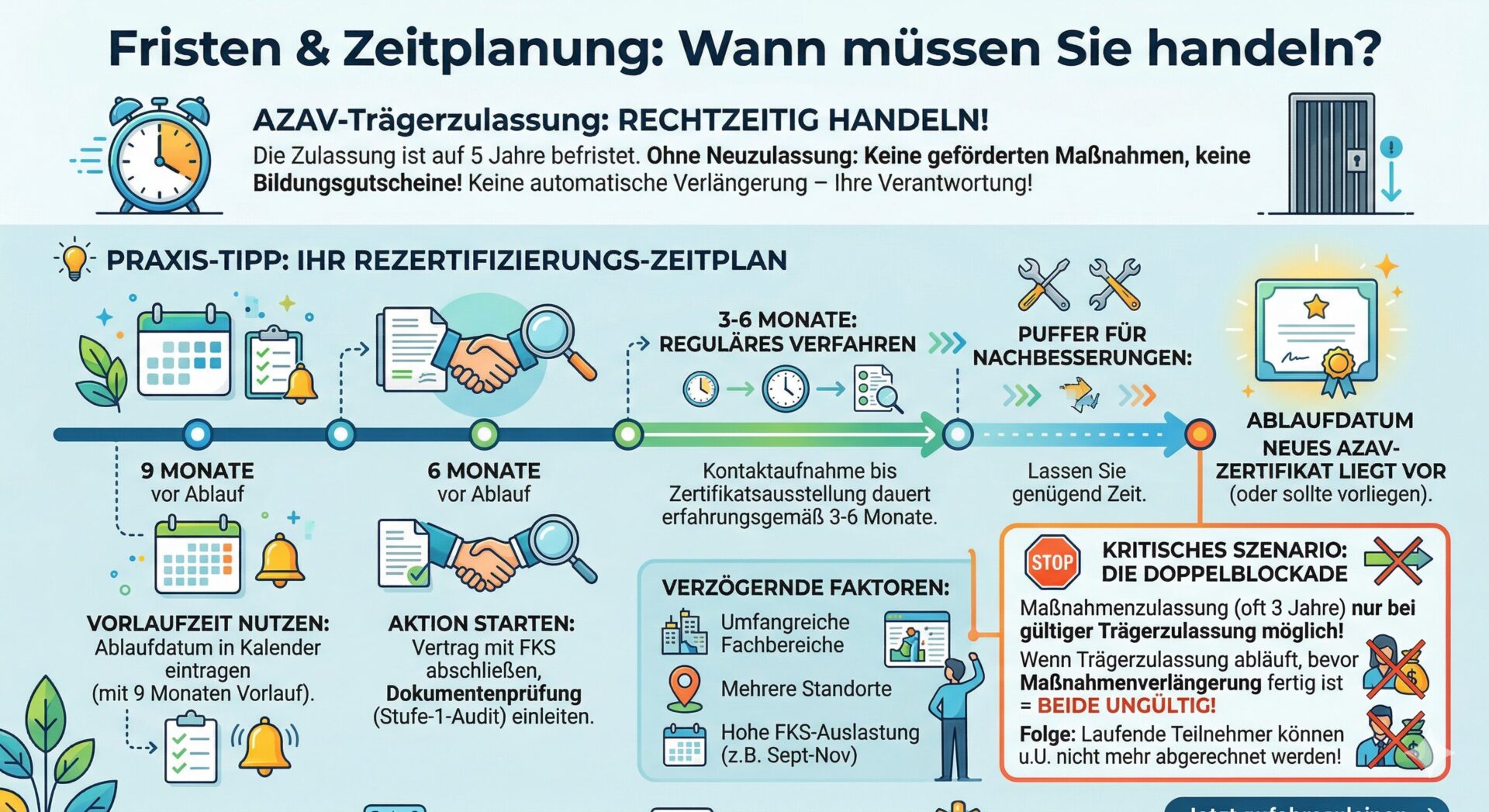 Infografik AZAV-Rezertifizierungs-Zeitplan: Timeline von 9 Monate vor Ablauf bis zum neuen Zertifikat, mit Praxis-Tipps zu Vorlaufzeit, FKS-Vertrag, regulärem Verfahren und kritischem Doppelblockade-Szenario bei Träger- und Maßnahmenzulassung.