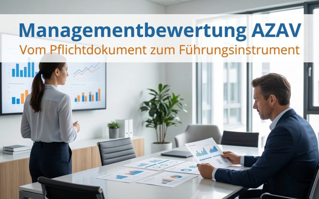 Managementbewertung für AZAV-Bildungsträger: Geschäftsführung und QMB besprechen QMS-Daten in einem hellen Konferenzraum — vom Pflichtdokument zum strategischen Führungsinstrument