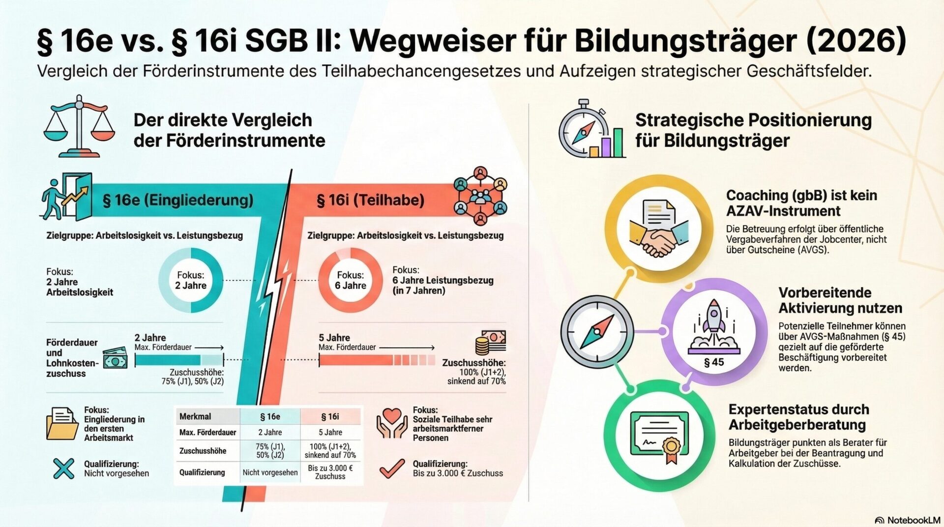 § 16e vs. § 16i SGB II: Vergleich und strategische Positionierung für Bildungsträger Infografik – § 16e vs. § 16i SGB II Wegweiser für Bildungsträger: Links der direkte Vergleich der Förderinstrumente mit Zielgruppen, Förderdauer, Lohnkostenzuschüssen und Qualifizierungsmöglichkeiten, rechts die drei strategischen Positionierungswege für Bildungsträger über Vergabeverfahren, AVGS-Aktivierung und Arbeitgeberberatung