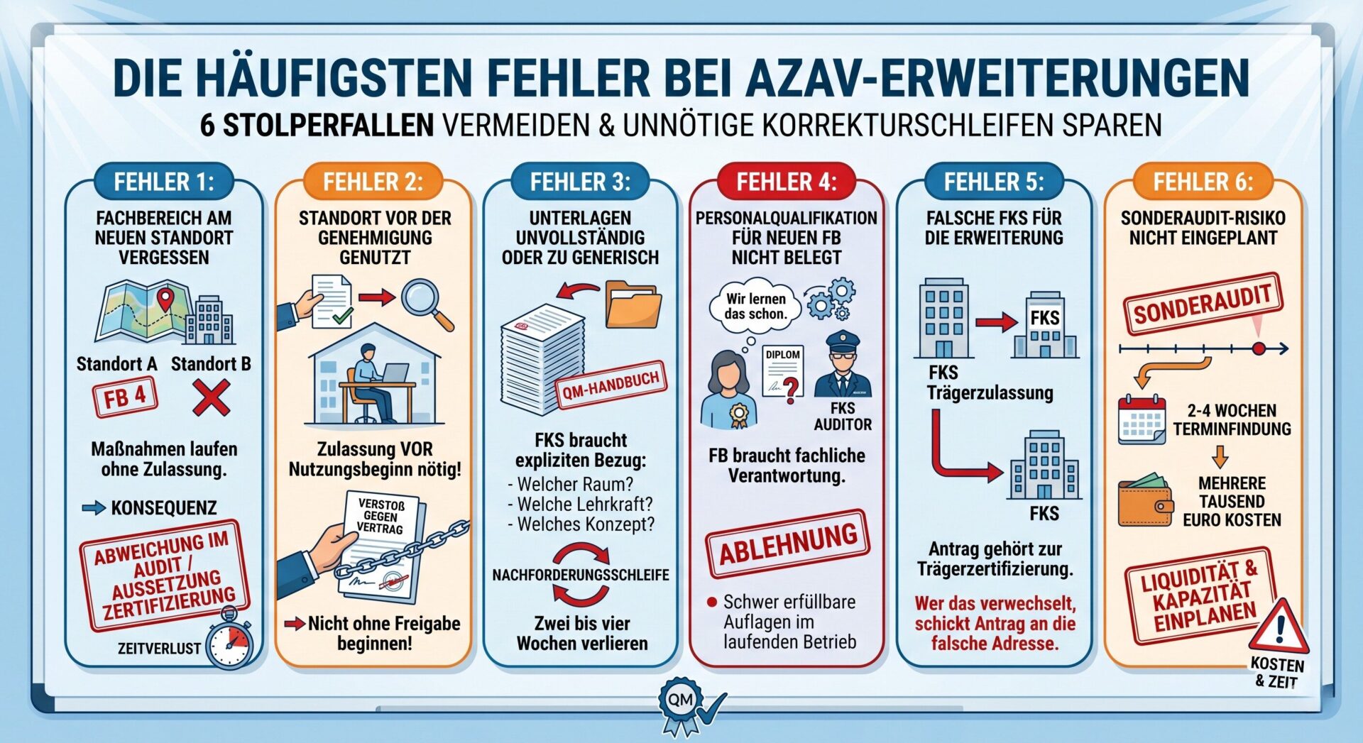 6 typische Stolperfallen bei AZAV-Erweiterungsanträgen Infografik – Die 6 häufigsten Fehler bei AZAV-Erweiterungen: vergessener Fachbereich am neuen Standort, Standort vor Genehmigung genutzt, unvollständige Unterlagen, fehlende Personalqualifikation, falsche Fachkundige Stelle und nicht eingeplantes Sonderaudit-Risiko